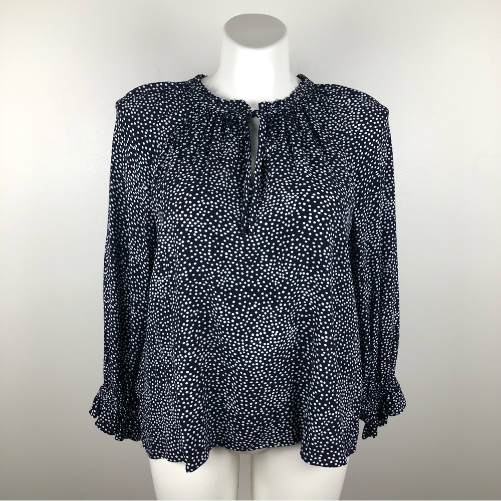 LOFT Navy Blue & White Polka Dot Long Sleeved Blouse Tie Front L